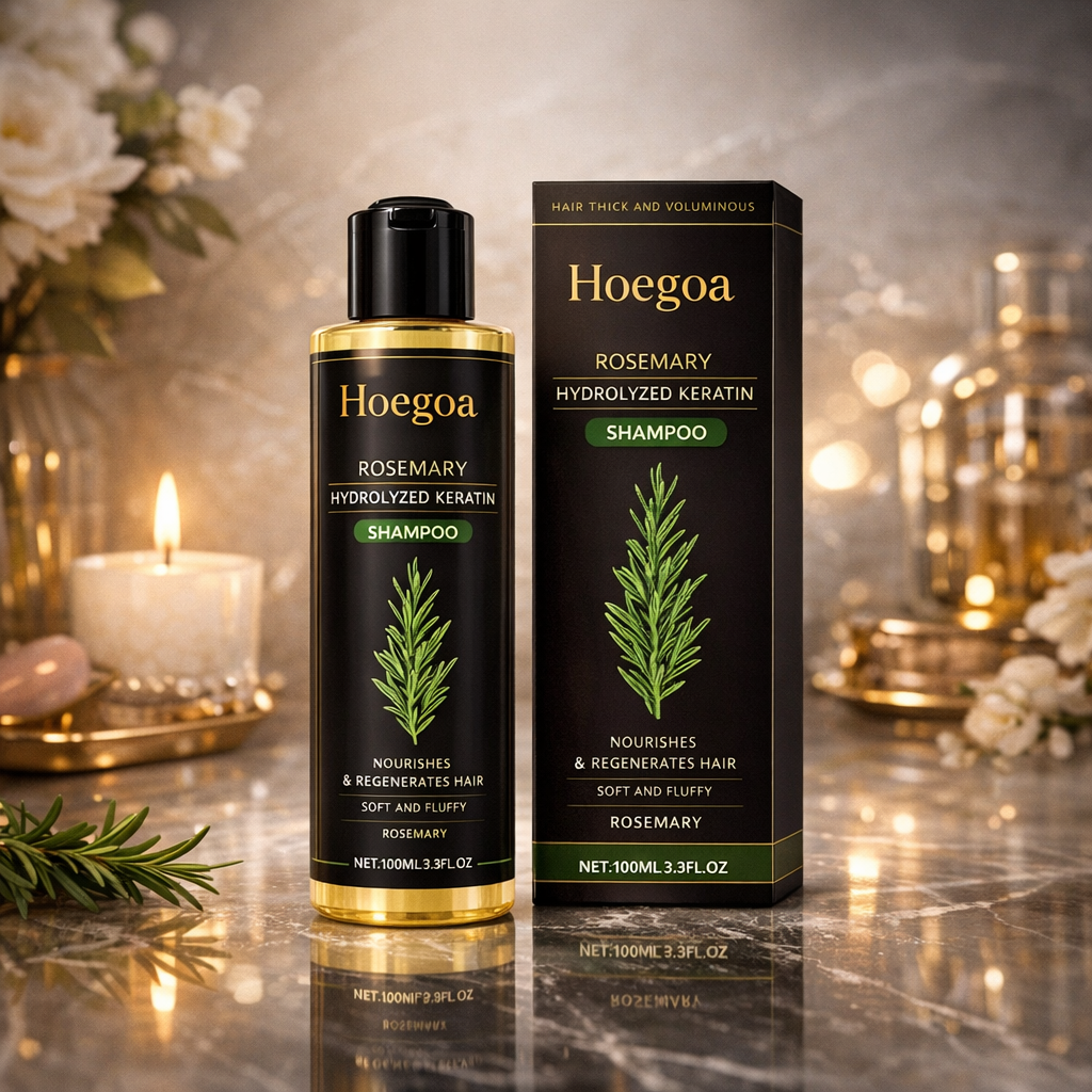 Шампоан за коса Hoegoa с розмарин, който придава обем и сгъстява, укрепва и контролира омазняването, подхранва и възстановява косата
