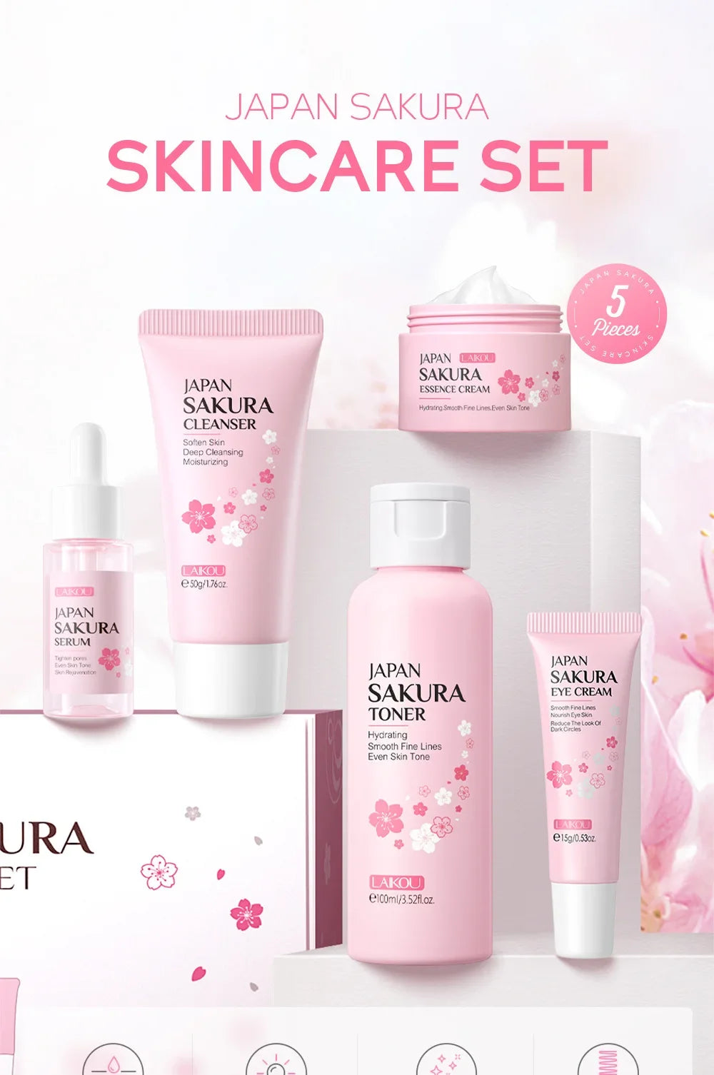 Комплект за грижа за кожата LAIKOU Sakura, хидратиращ и намаляващ фините линии, почистващ продукт за пори, 5 части