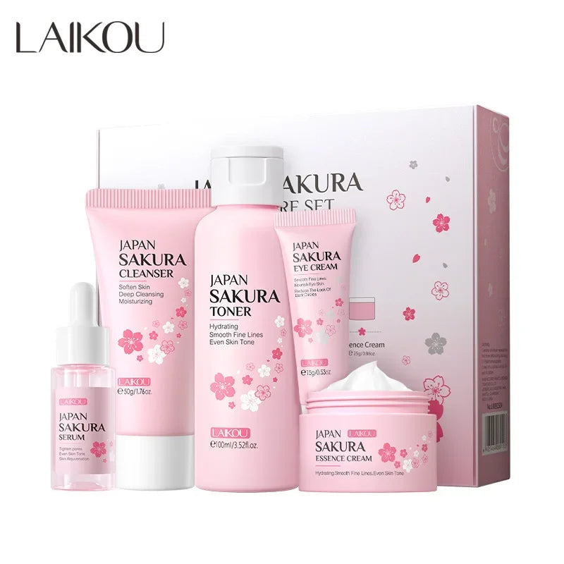 Комплект за грижа за кожата LAIKOU Sakura, хидратиращ и намаляващ фините линии, почистващ продукт за пори, 5 части
